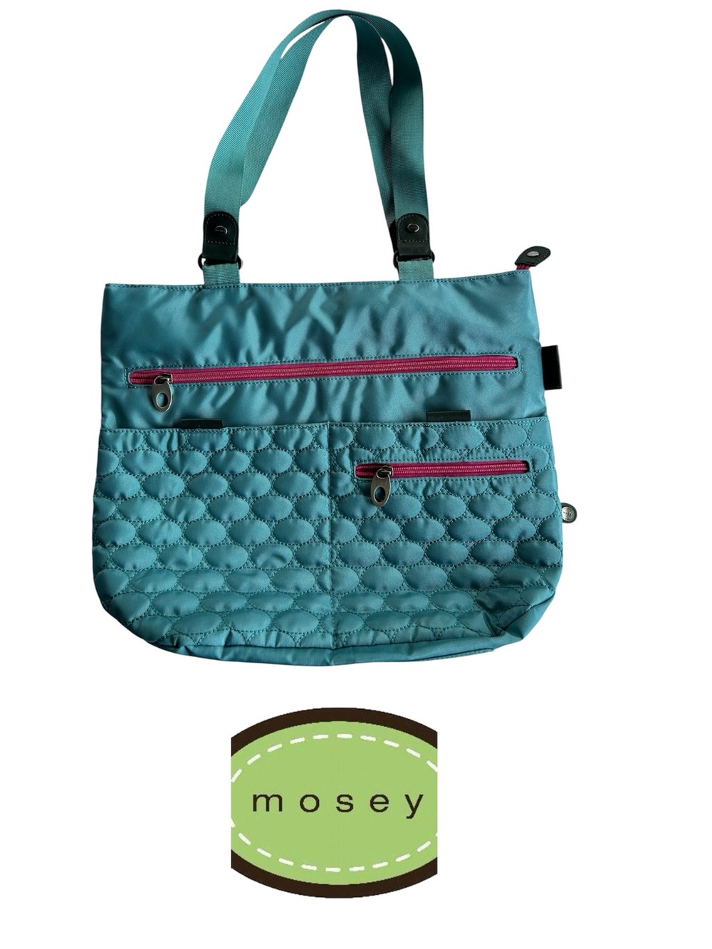 Turquoise Quilted Tote with Pink Zipper Accents by Mosey